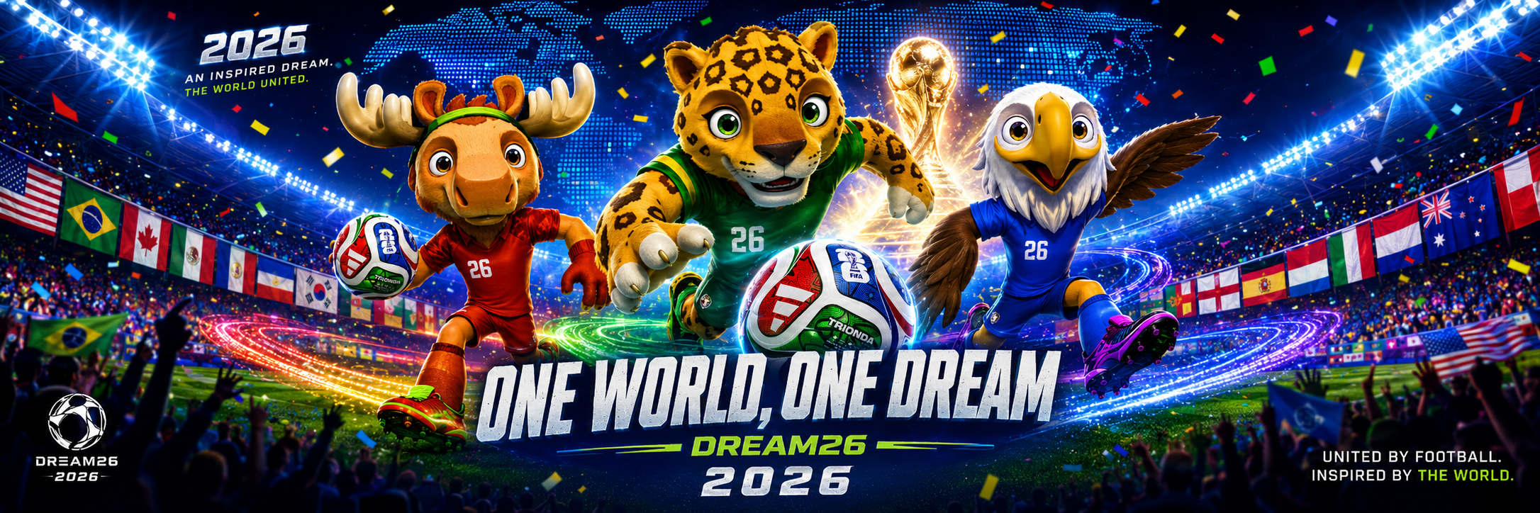 DREAM26 mascots Clutch, Maple, and Zayu — One World One Dream 2026